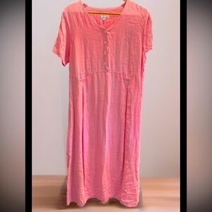 FOCUS PINK linen V-Neck long DRESS Pearl Buttons Gauzy Beach Lagenlook USA made